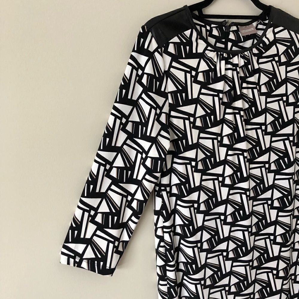Chico’s Black/White Abstract Pattern‎ Faux Leather Trim Shift Dress Size Small - Picture 6 of 13